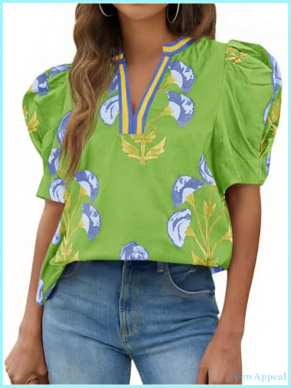 Womens Puff Sleeve Floral Blouse Dressy Casual V-Neck